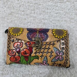 Mexican Hand-Tooled Leather Butterflies & Flowers Tan Clutch Wristlet Bag